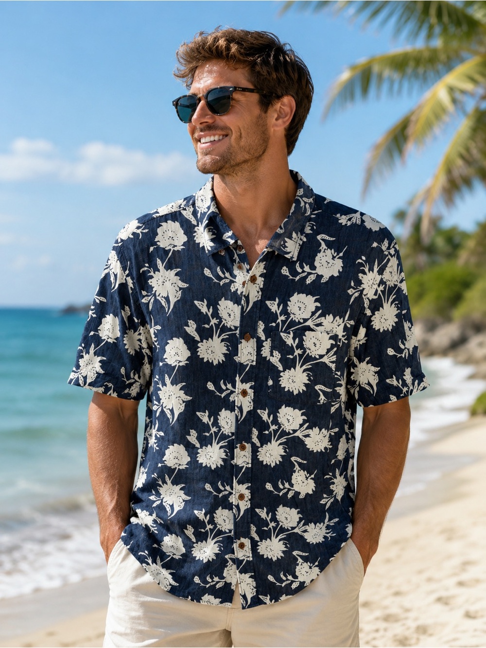 Old Navy Mens Large Blue Floral Slim Fit Short Sleeve Casual Button Down Shirt